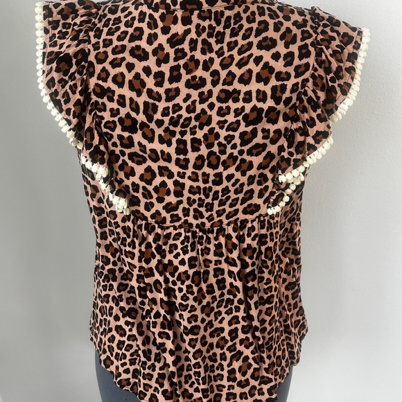 THML Boho Leopard Print Embroidered Tassel Top Sz S Ruffle Sleeve Festival Chic - Picture 15 of 16